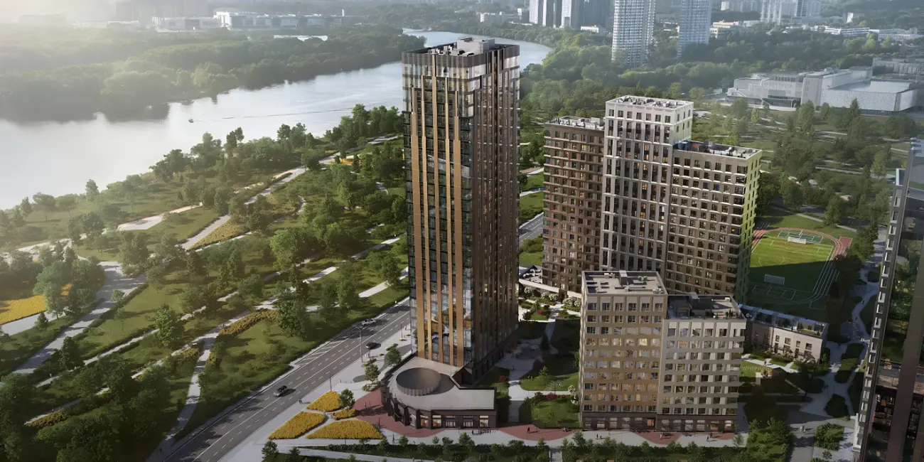 Жилой район Алиа с высоты: корпуса, парки и излучина Москвы-реки