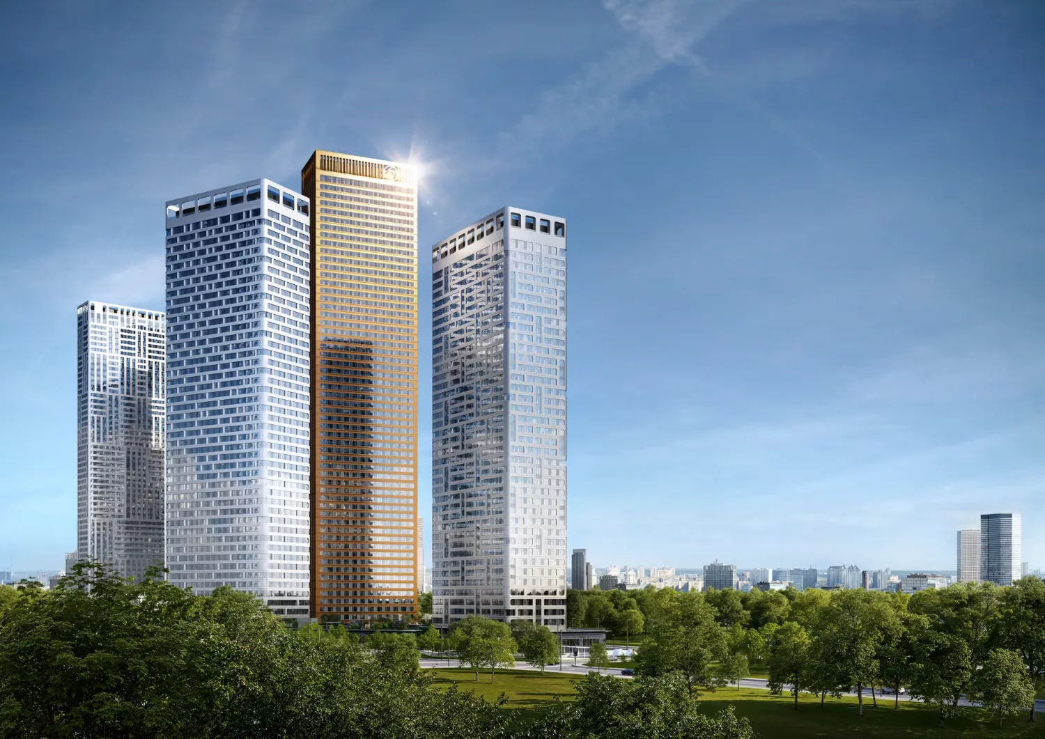Фасады башен ЖК Amber City с металлическими панелями