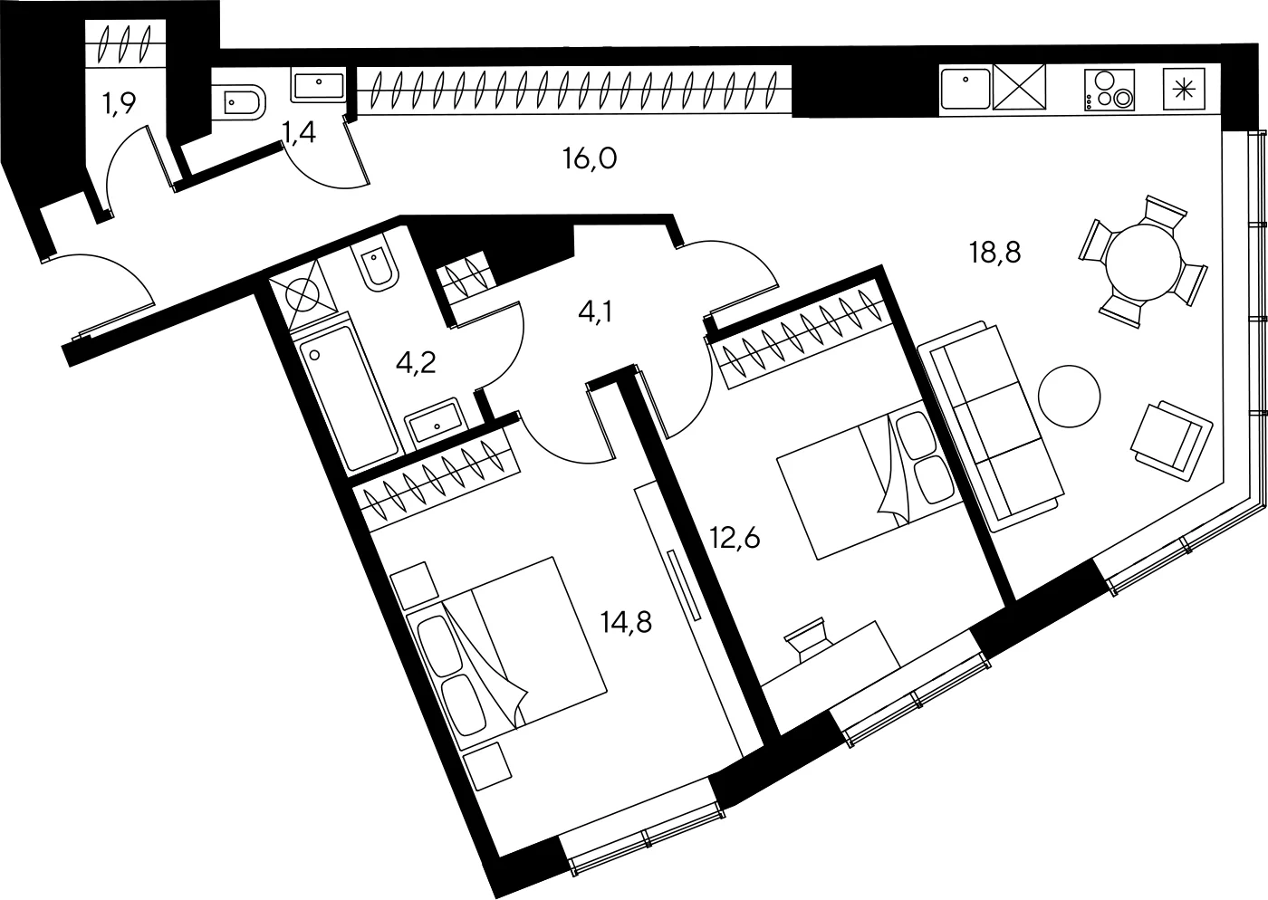 Планировка апартамента с двумя спальнями 73,3 м² в ЖК Чкалов, башня А