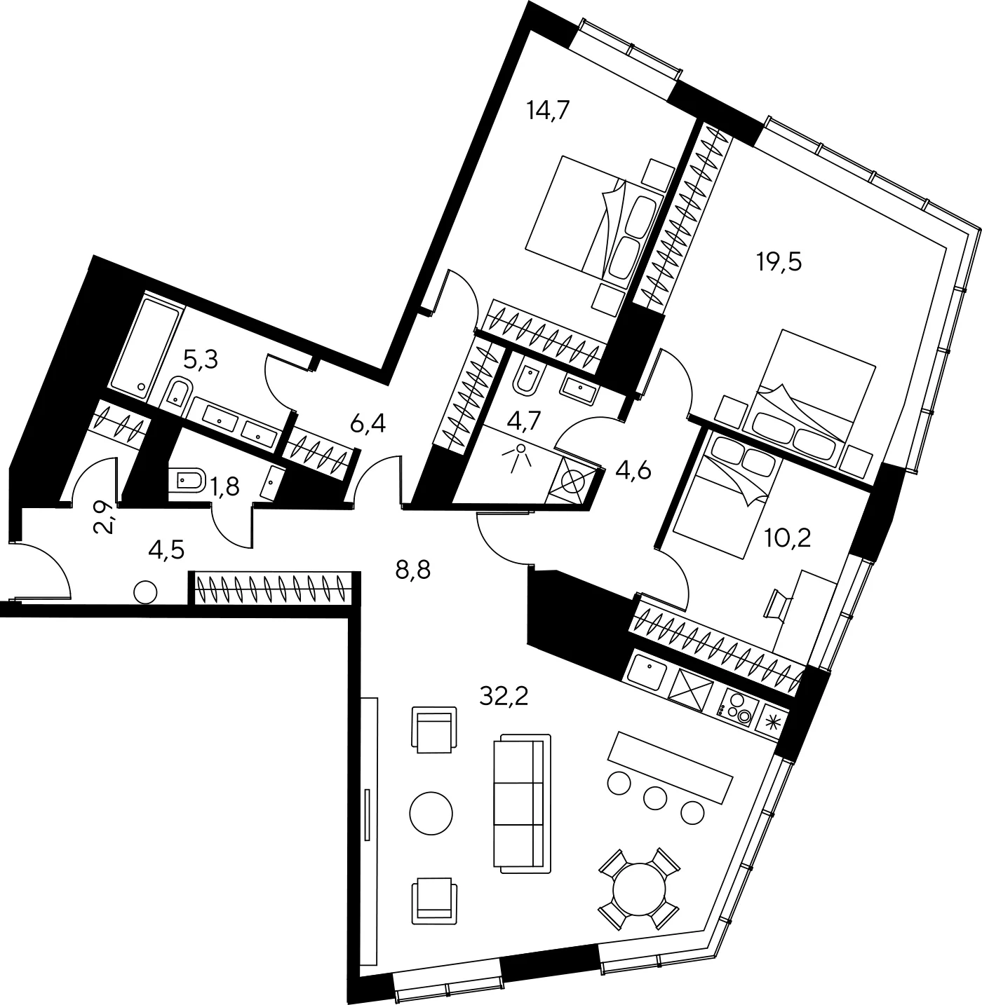 Планировка апартамента с тремя спальнями 115,1 м² в ЖК Чкалов, башня А