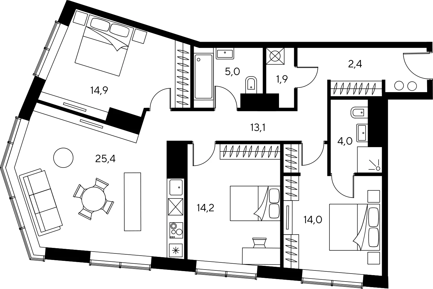 Планировка апартамента с тремя спальнями 94,4 м² в ЖК Чкалов, башня Б