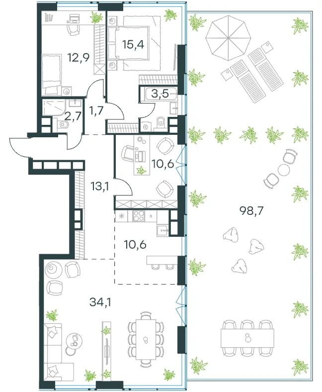 Планировка 4-комнатной квартиры 104,6 м² с террасой в ЖК Левел Причальный, корпус Юг