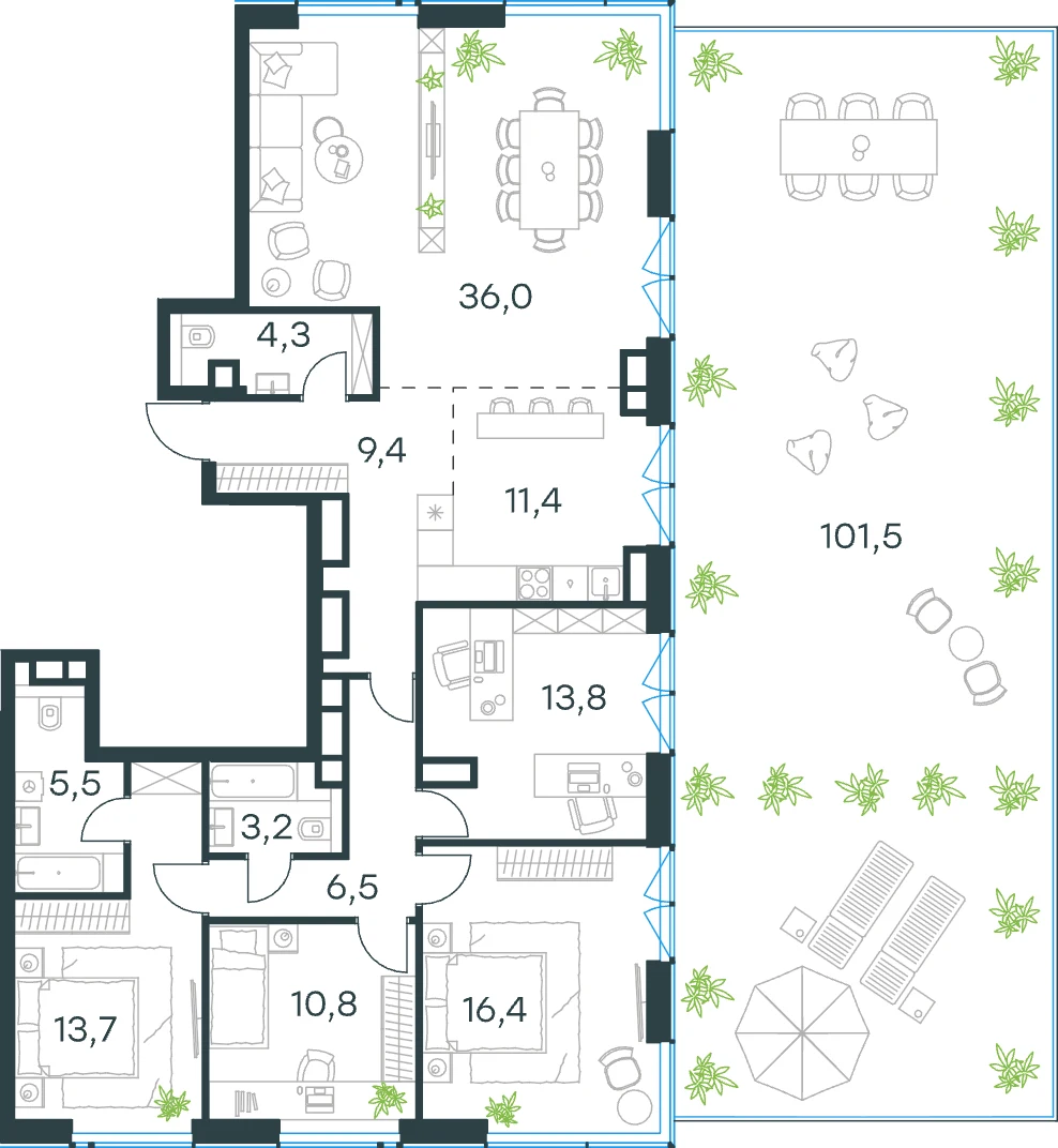 Планировка 5-комнатной квартиры 131 м² с террасой 101,5 м² в корпусе Восток ЖК Левел Причальный
