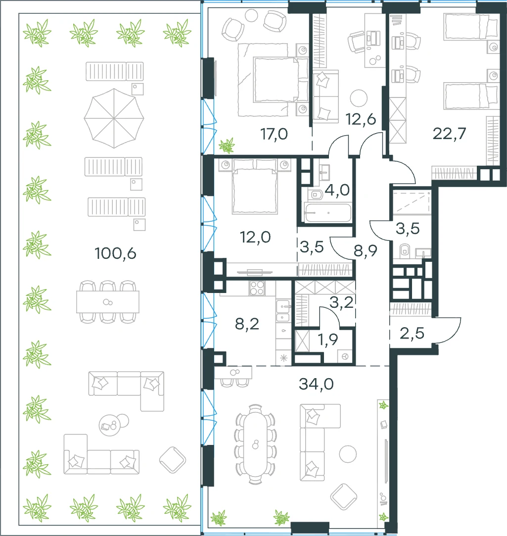 Планировка 5-комнатной квартиры 134 м² с террасой 100,6 м² в корпусе Север ЖК Левел Причальный