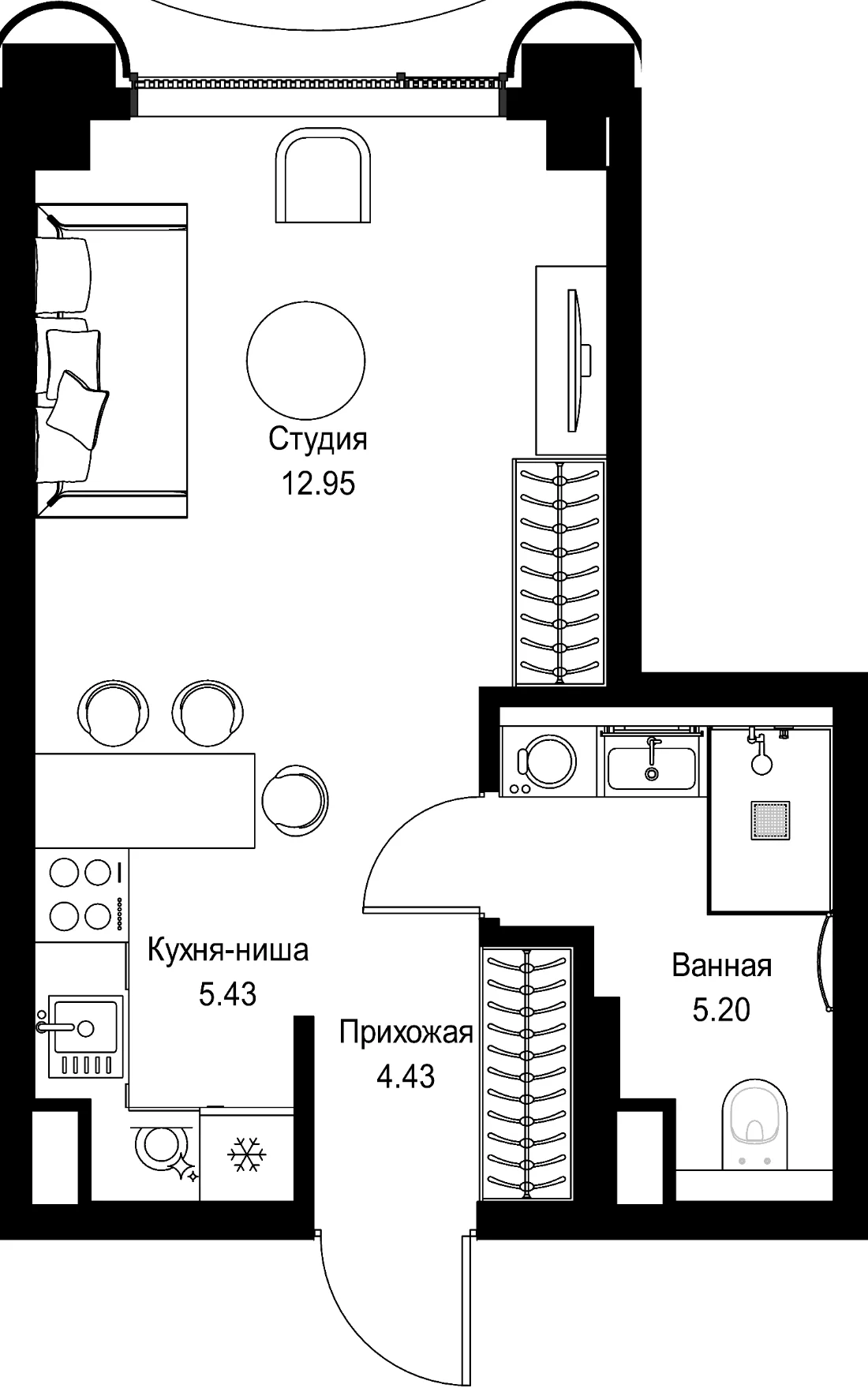 Планировка студии 28 м² в ЖК Мира (MIRA)
