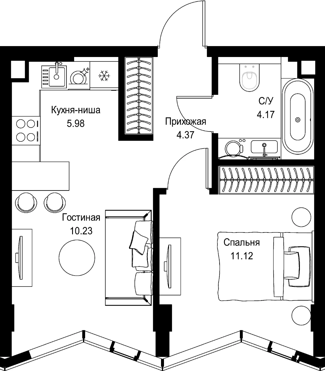 Планировка однокомнатной квартиры 35,87 м² в ЖК Мира (MIRA)