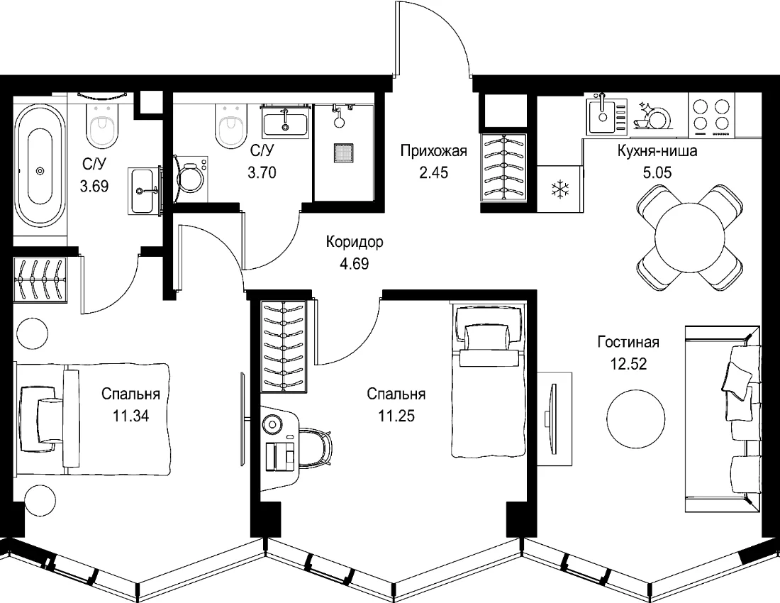 Планировка двухкомнатной квартиры 54,69 м² в ЖК Мира (MIRA)