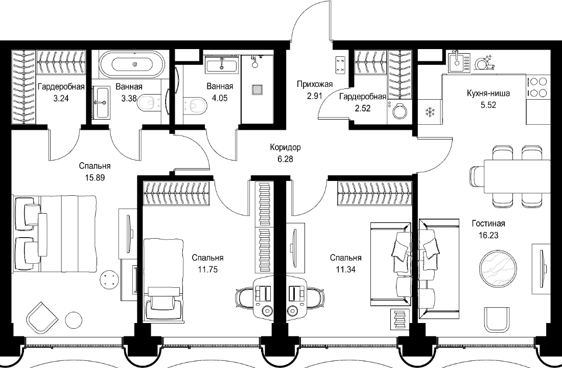 Планировка трёхкомнатной квартиры 83,11 м² в ЖК Мира (MIRA)