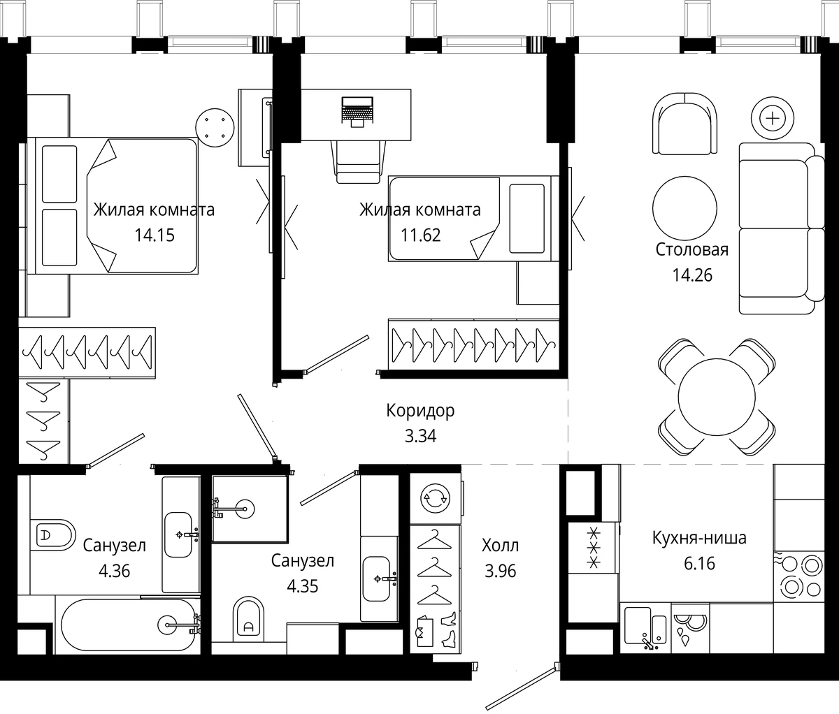 Планировка двухкомнатной квартиры 62,2 м² в ЖК МОД