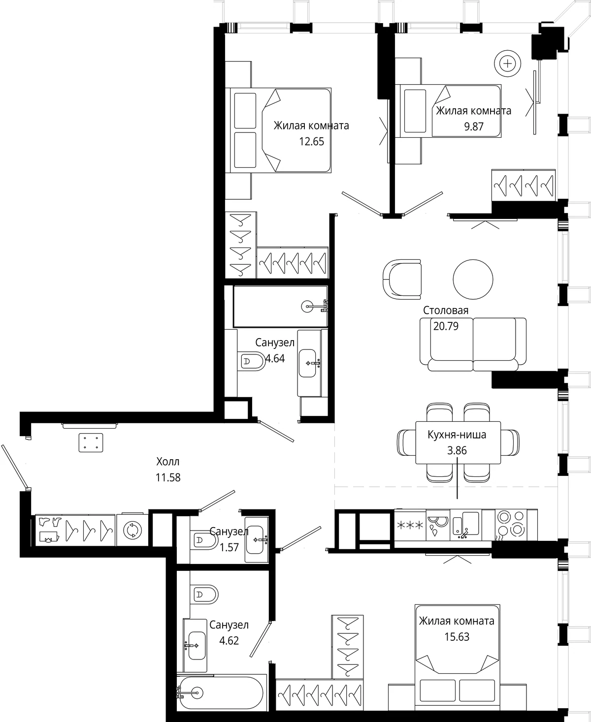 Планировка трёхкомнатной квартиры 85,3 м² в ЖК МОД