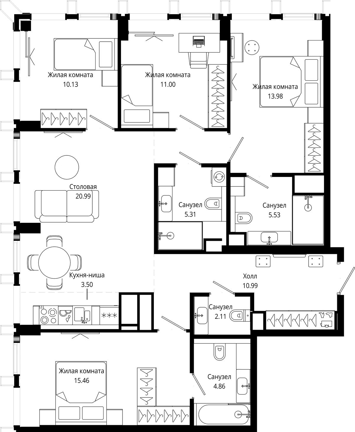 Планировка четырёхкомнатной квартиры 106,1 м² в ЖК МОД