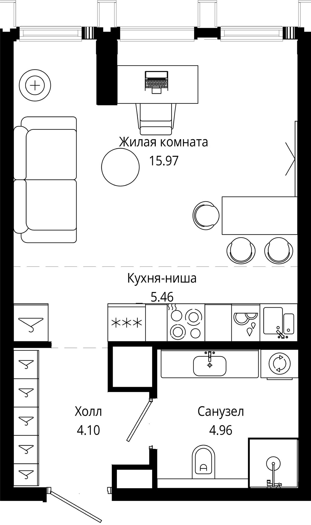 Планировка студии 29,8 м² в ЖК МОД