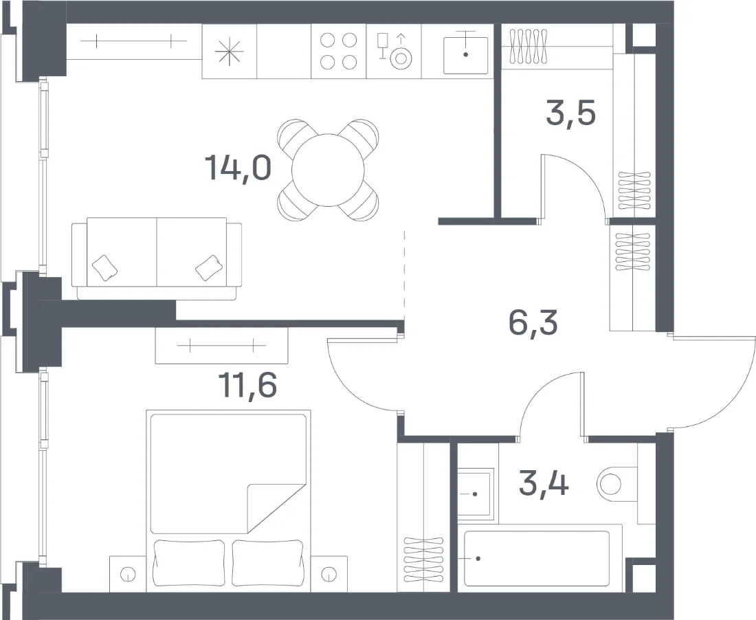 Планировка однокомнатной квартиры 38,8 м² в ЖК Портленд (Portland)