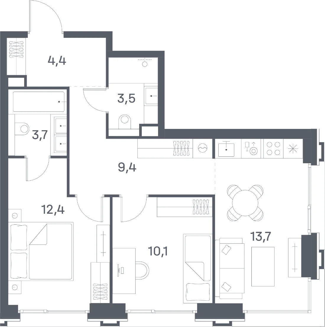 Планировка двухкомнатной квартиры 57,2 м² в ЖК Портленд (Portland)