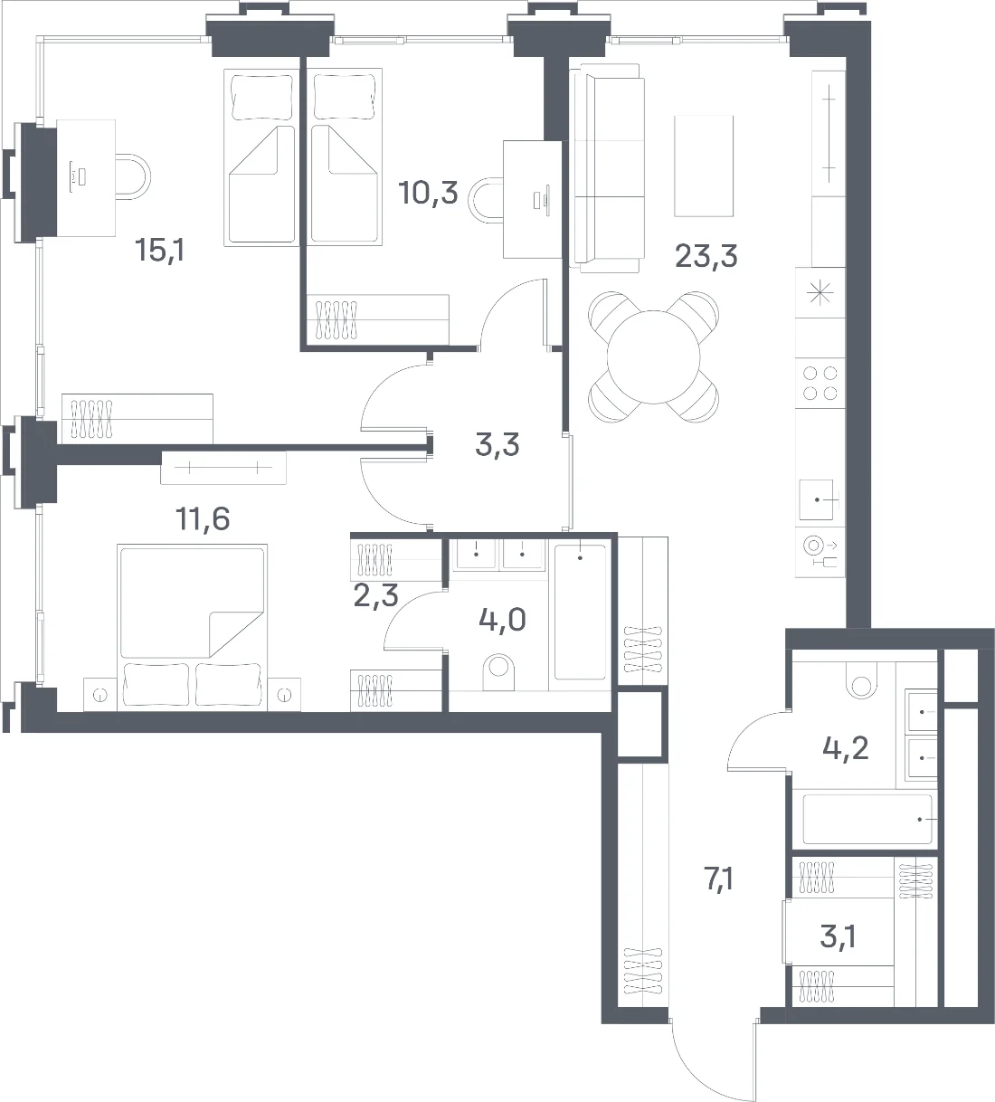Планировка трёхкомнатной квартиры 84,3 м² в ЖК Портленд (Portland)