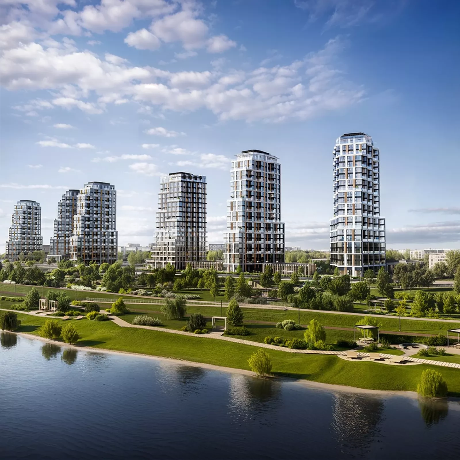 Клубный город на реке Primavera: панорама кварталов с воды