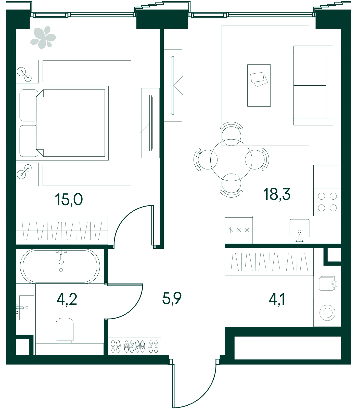Планировка квартиры с одной спальней 47,5 м² в ЖК Primavera