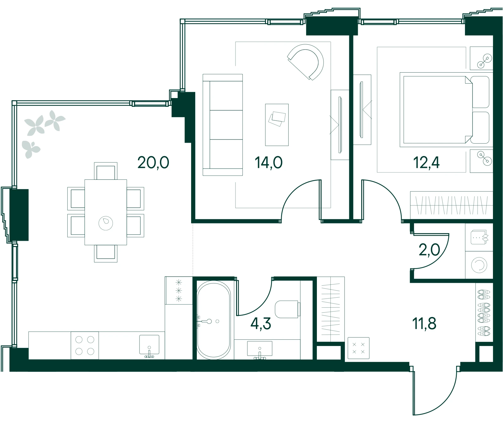 Планировка квартиры с двумя спальнями 64,5 м² в ЖК Primavera