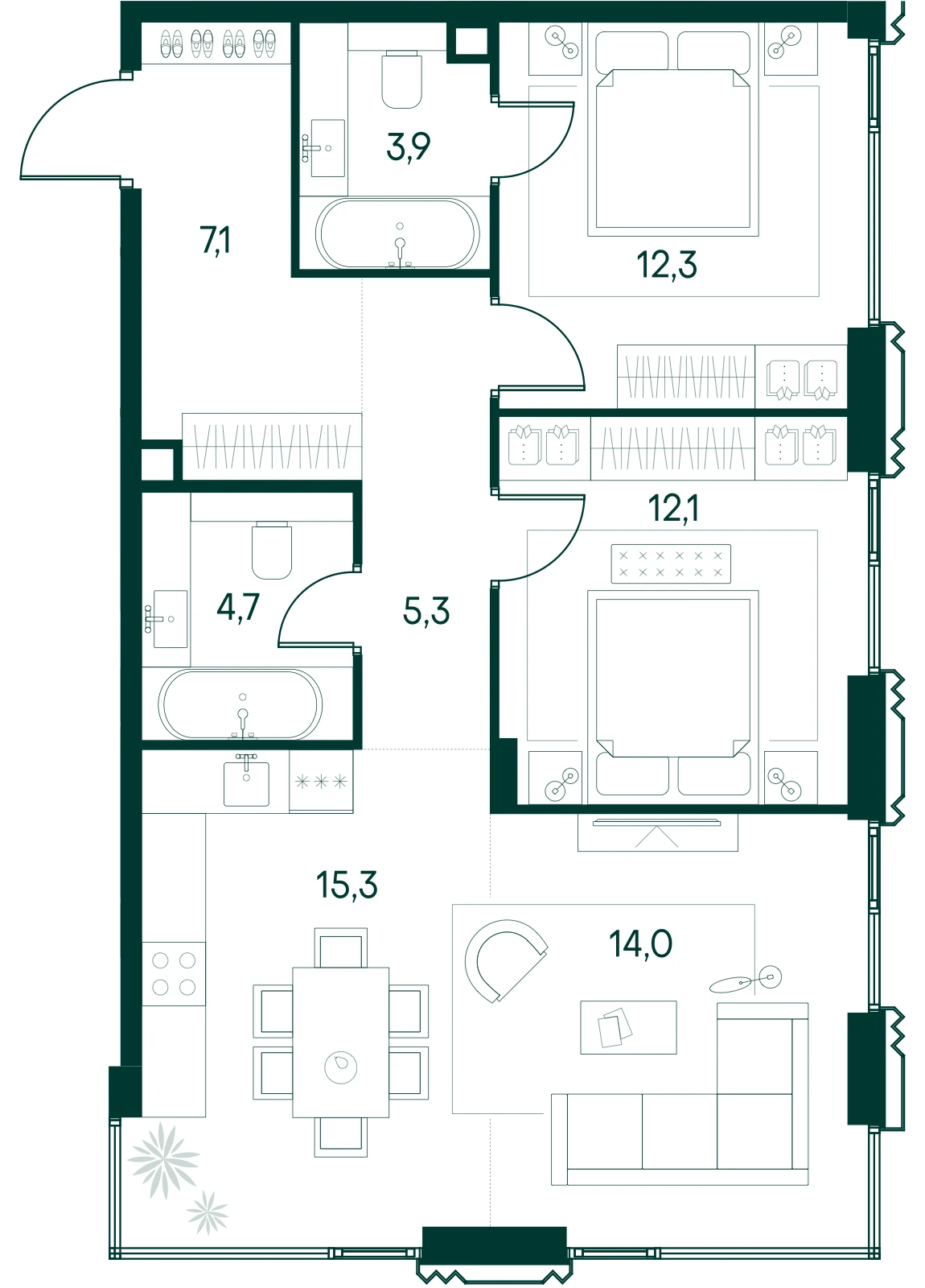 Планировка квартиры с тремя спальнями 74,7 м² в ЖК Primavera