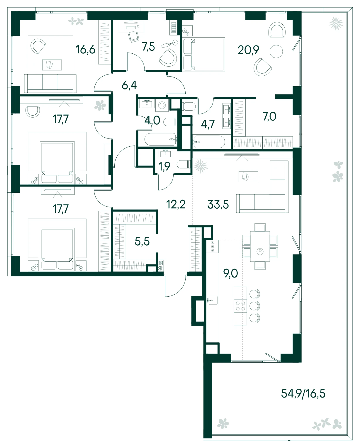 Планировка квартиры с пятью спальнями и террасой 181,1 м² в ЖК Primavera