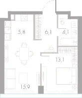 Планировка однокомнатной квартиры 45 м² в ЖК Ривер Парк Кутузовский