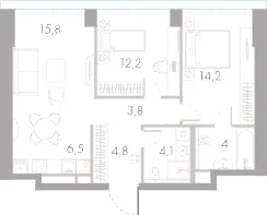 Планировка двухкомнатной квартиры 65,4 м² в ЖК Ривер Парк Кутузовский