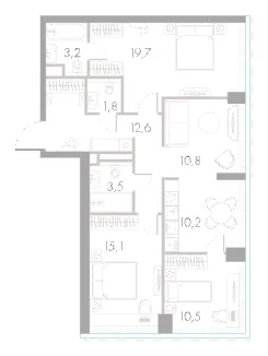 Планировка трёхкомнатной квартиры 87,4 м² в ЖК Ривер Парк Кутузовский