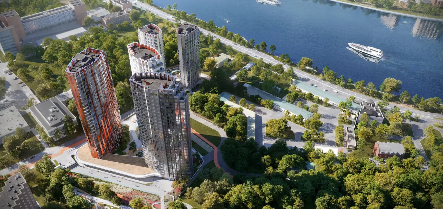 ЖК Роттердам с высоты птичьего полёта у Москвы-реки