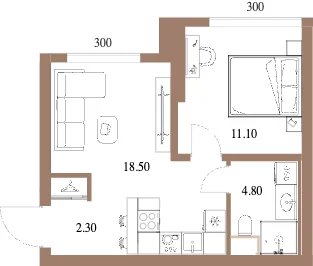 Планировка квартиры с одной спальней 36,7 м² в ЖК Северный порт