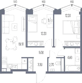 Планировка квартиры с двумя спальнями 59,1 м² в ЖК Северный порт