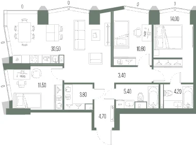 Планировка квартиры с тремя спальнями 88,3 м² в ЖК Северный порт