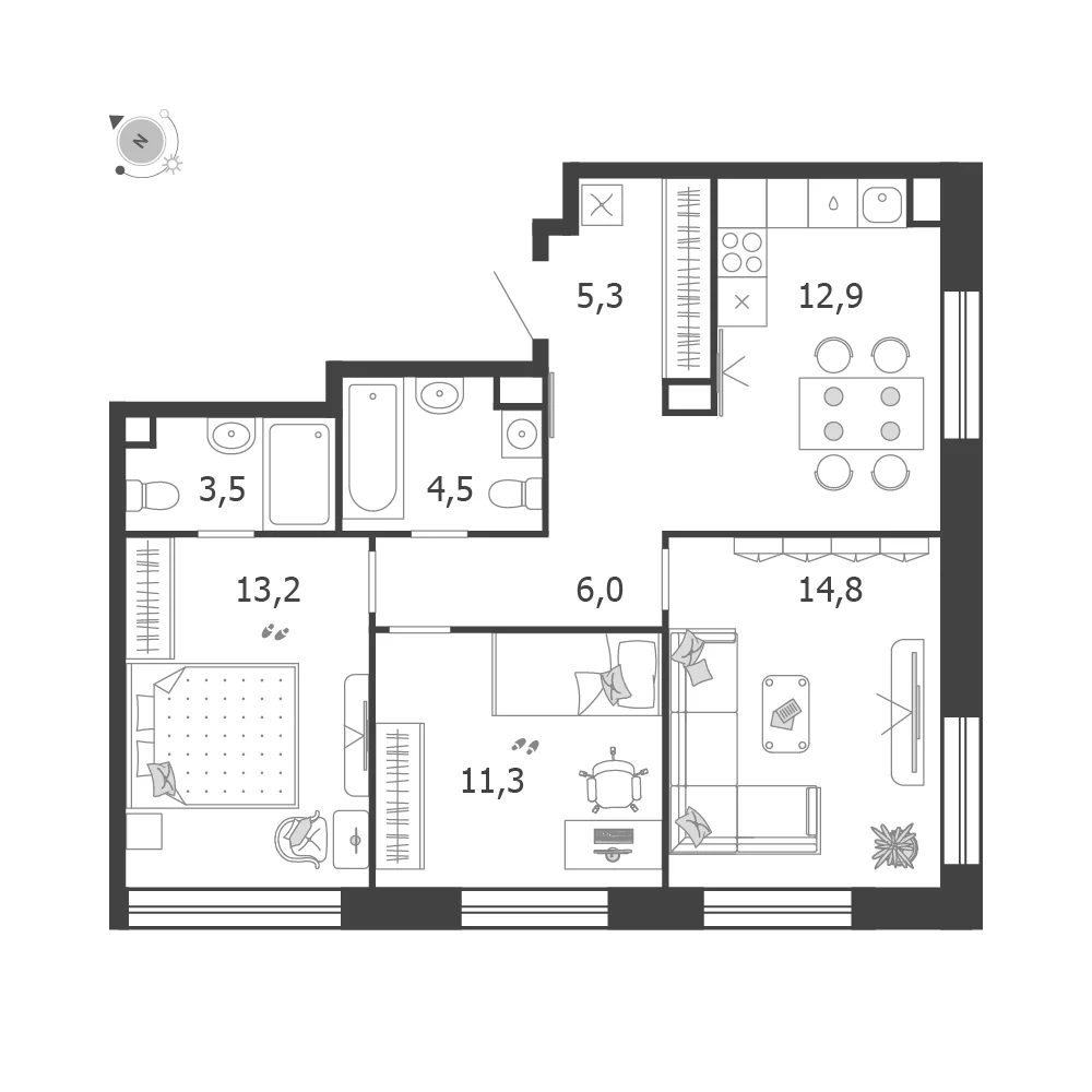 Планировка трёхкомнатной квартиры 71,5 м² в ЖК Шагал (Shagal)