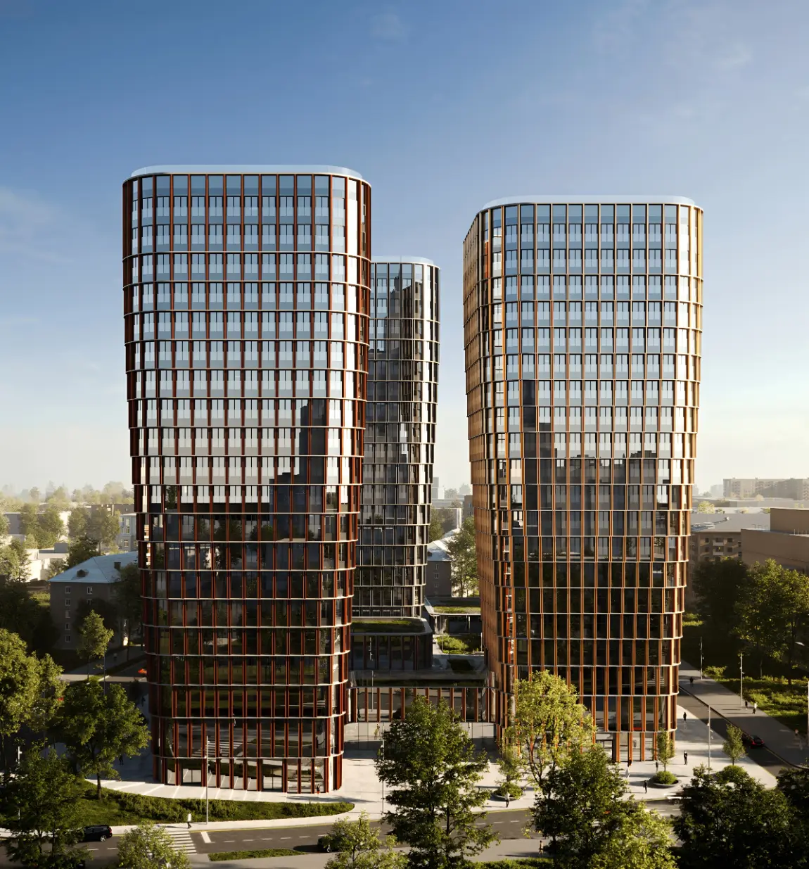 Башни ЖК Скайвью (SkyView) на фоне городской застройки