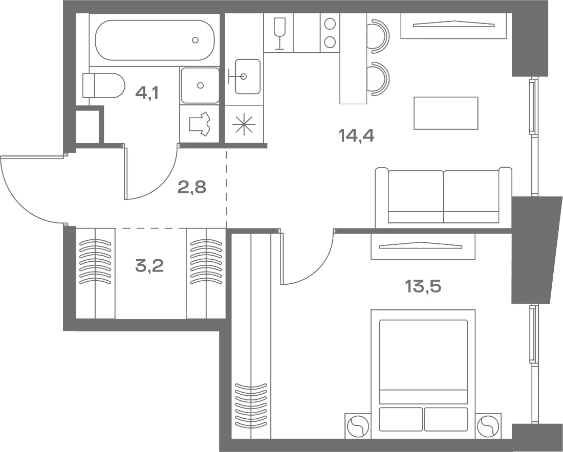 Планировка однокомнатной квартиры 38 м² в ЖК Соул (SOUL)