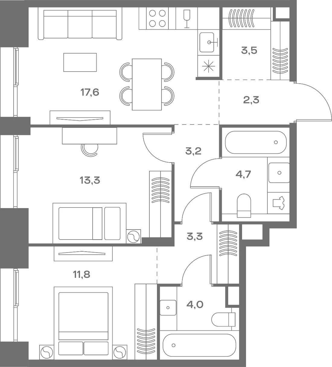 Планировка двухкомнатной квартиры 63,7 м² в ЖК Соул (SOUL)