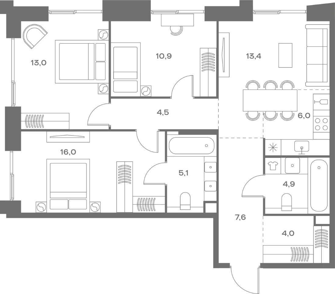 Планировка трёхкомнатной квартиры 85,4 м² в ЖК Соул (SOUL)