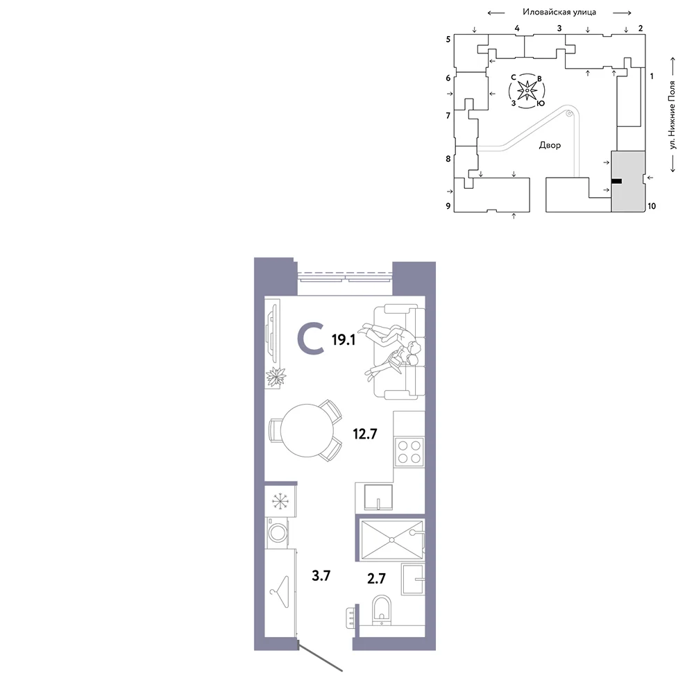 Планировка студии 19,1 м² в ЖК Страна.Заречная