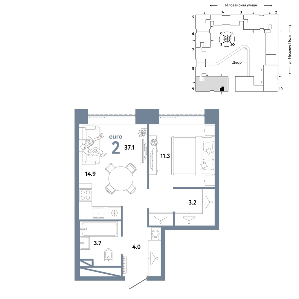 Планировка двухкомнатной квартиры европланировки 37,1 м² в ЖК Страна.Заречная