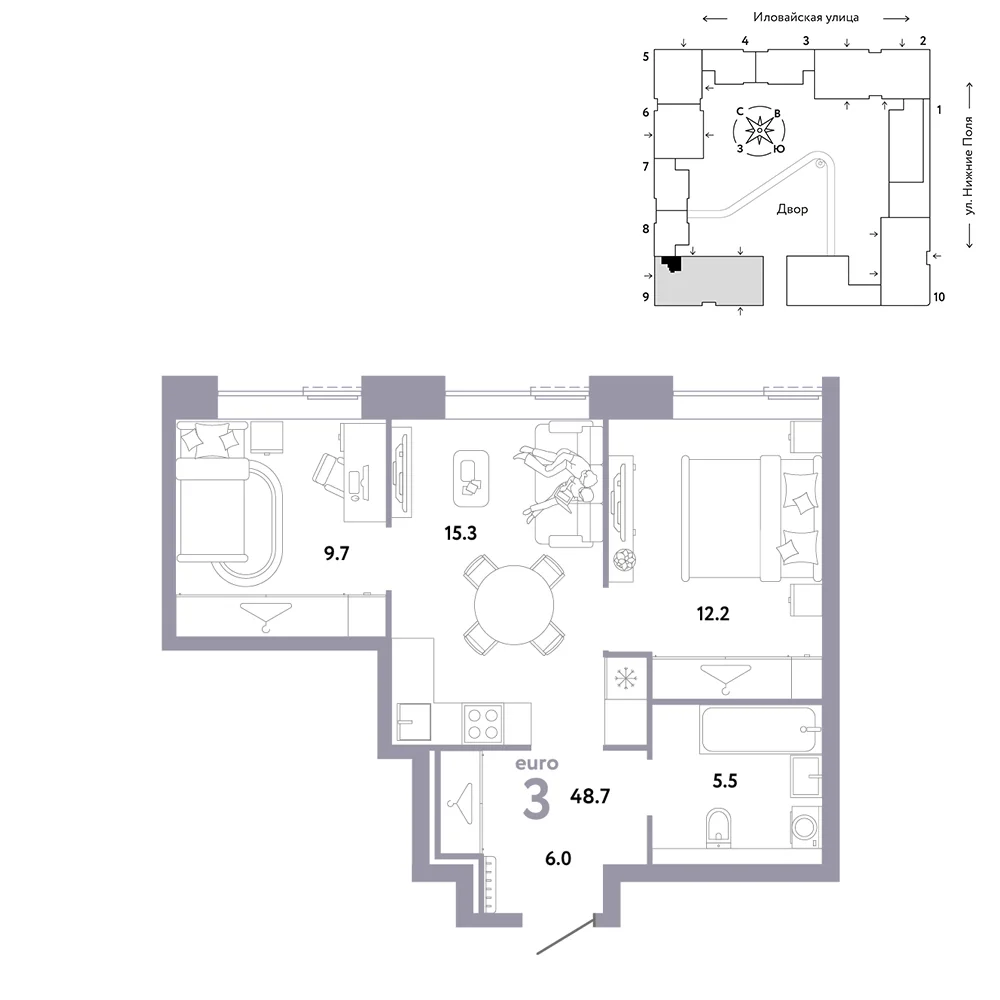 Планировка трёхкомнатной квартиры европланировки 48,7 м² в ЖК Страна.Заречная