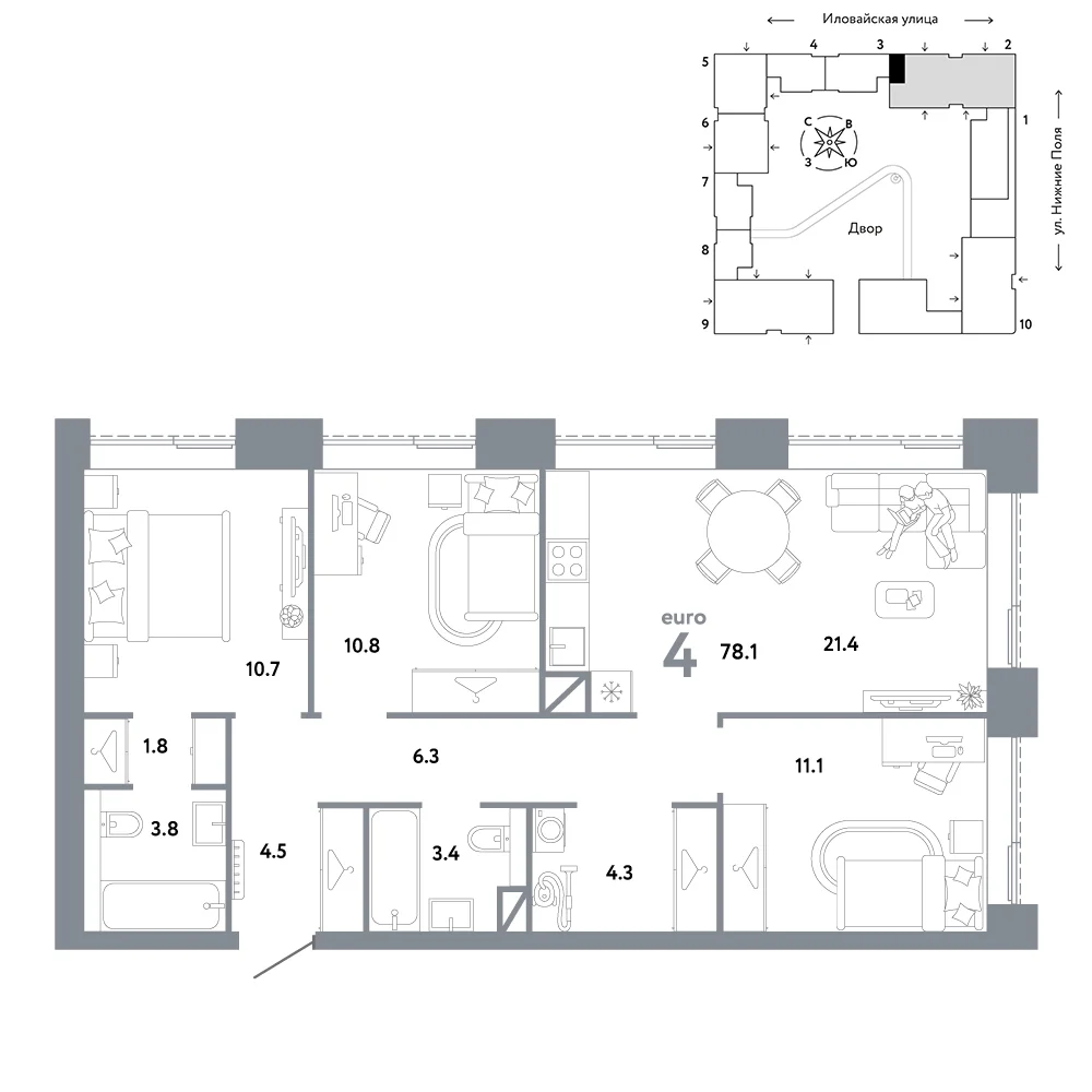 Планировка четырёхкомнатной квартиры европланировки 78,1 м² в ЖК Страна.Заречная