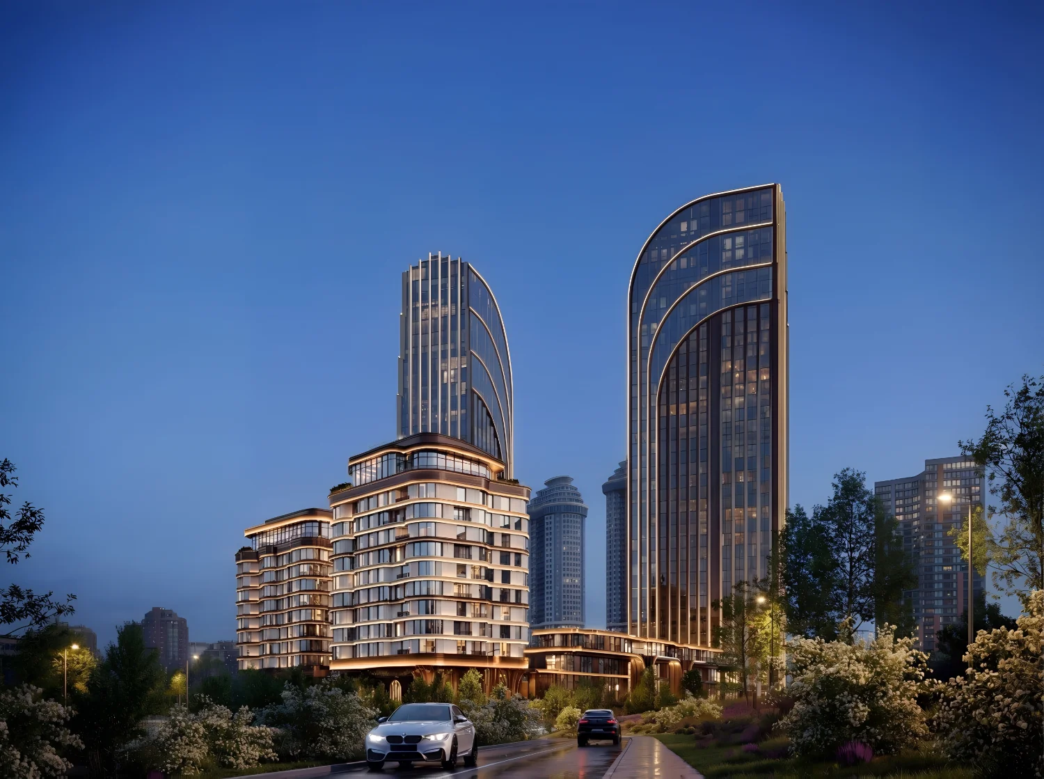 Высотные башни ЖК Апсайд Мосфильмовская вечером