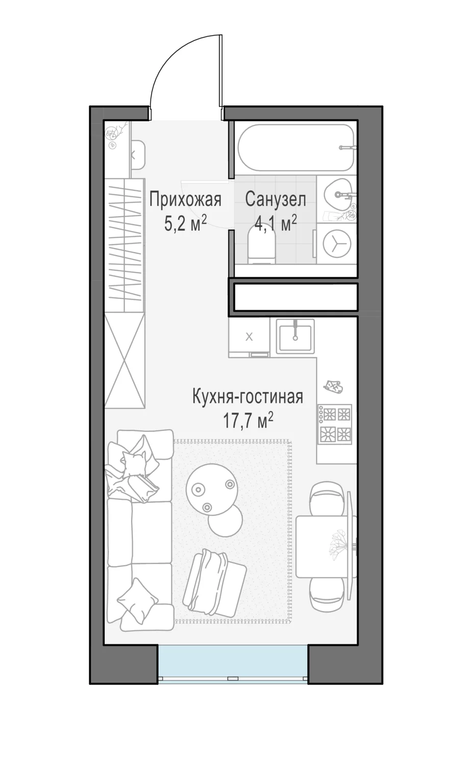 Планировка однокомнатной квартиры 27 м² в ЖК Вест Гарден (West Garden)