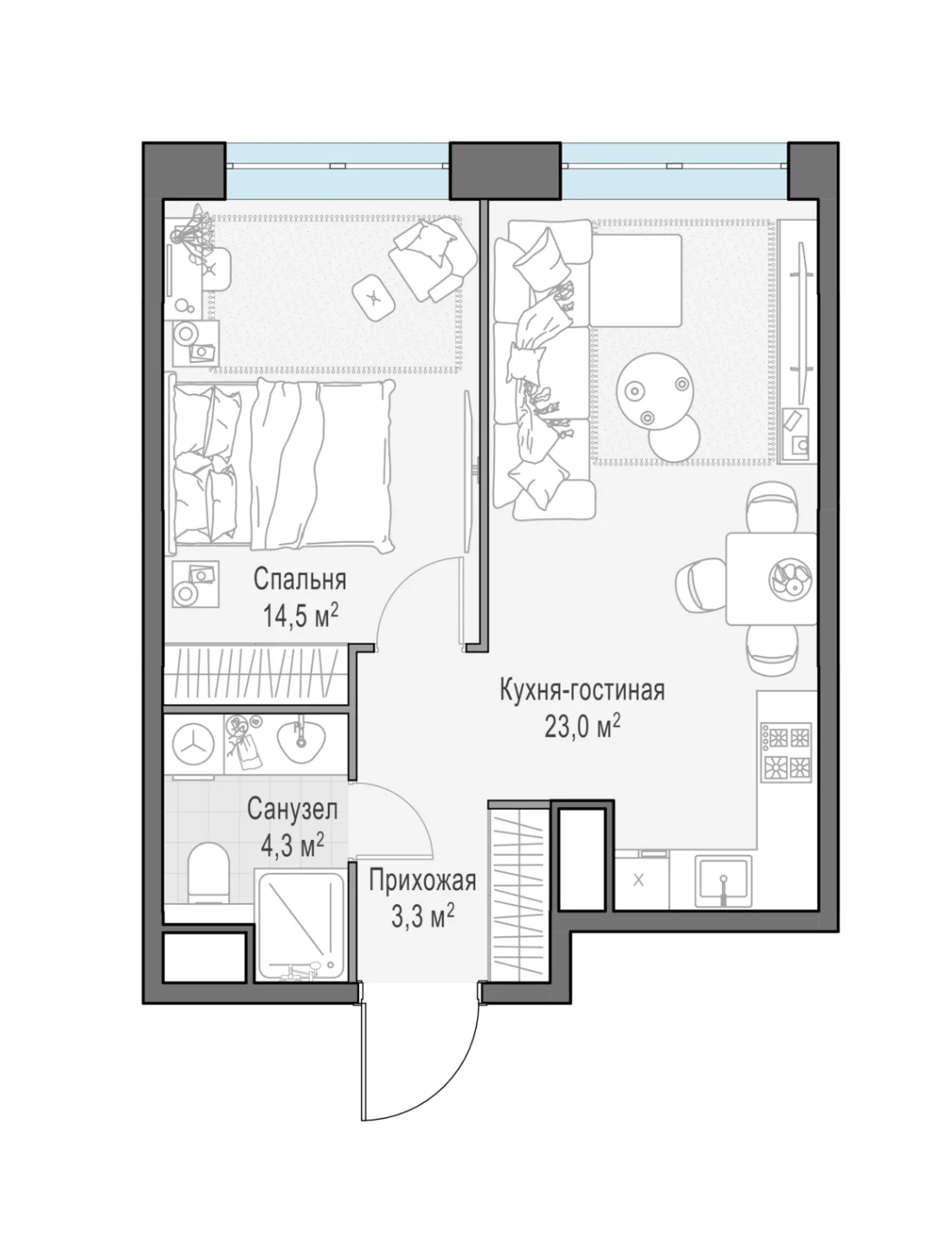 Планировка двухкомнатной квартиры 45 м² в ЖК Вест Гарден (West Garden)
