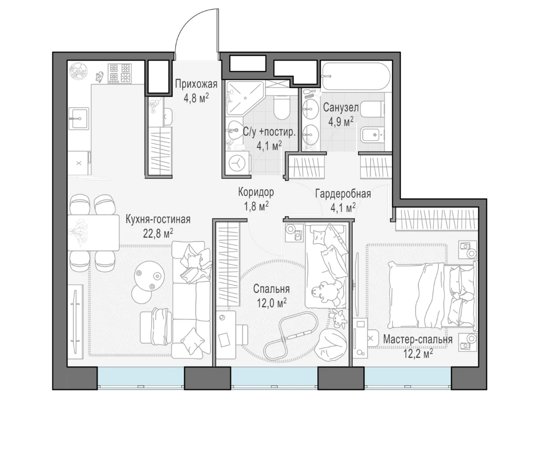 Планировка трёхкомнатной квартиры 67 м² в ЖК Вест Гарден (West Garden)