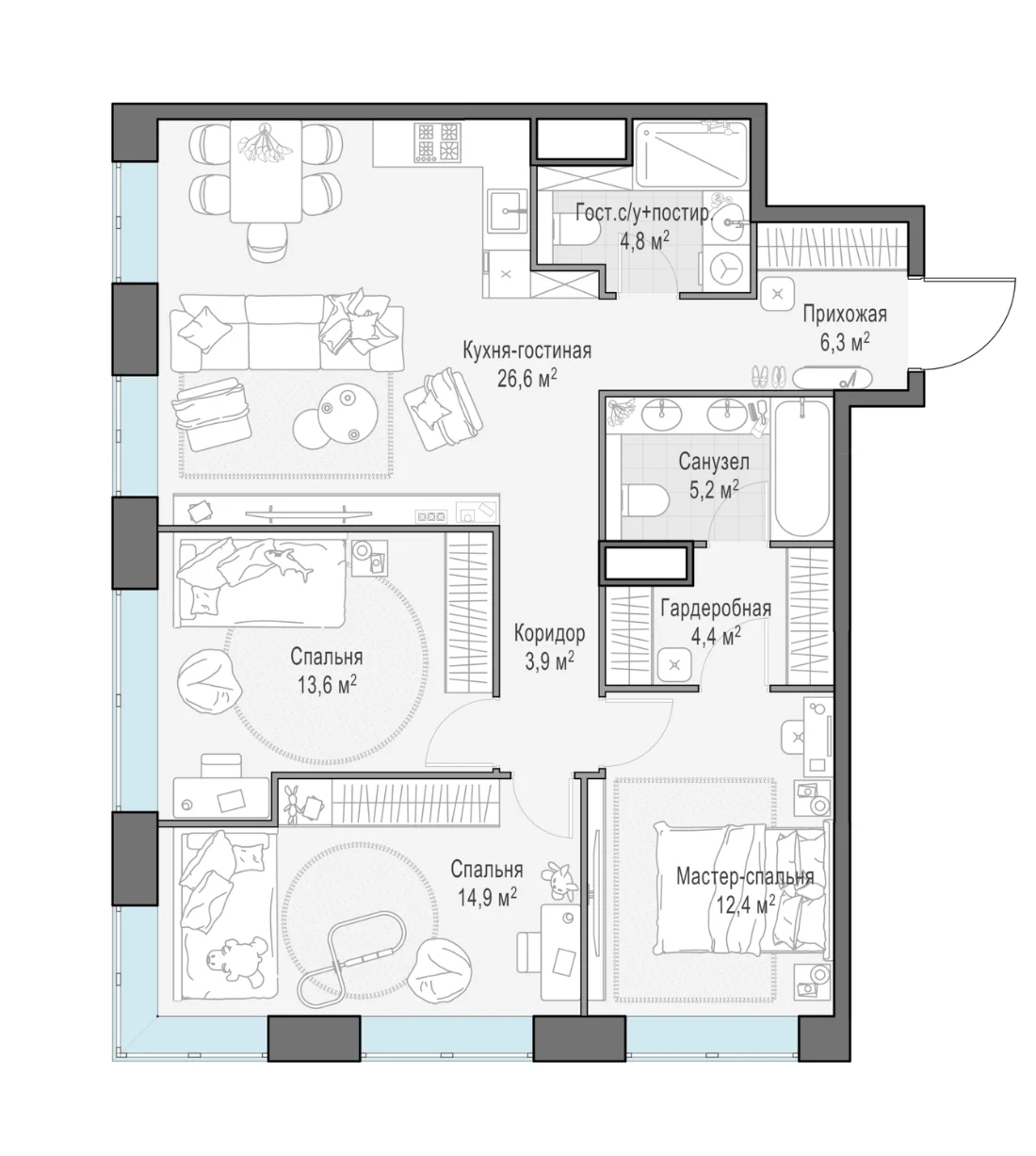 Планировка четырёхкомнатной квартиры 92,2 м² в ЖК Вест Гарден (West Garden)
