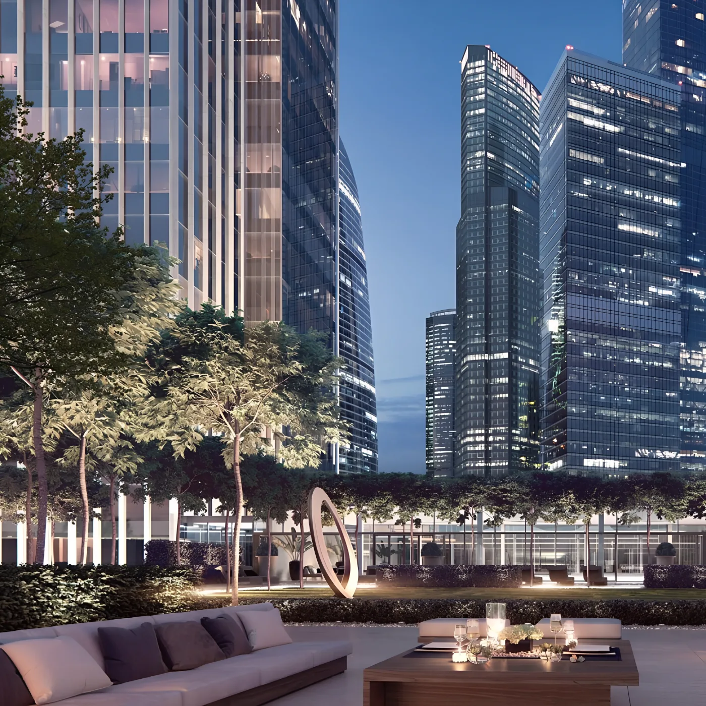 Приватный парк на кровле стилобата Нева Тауэрс (Neva Towers) с видом на башни Сити