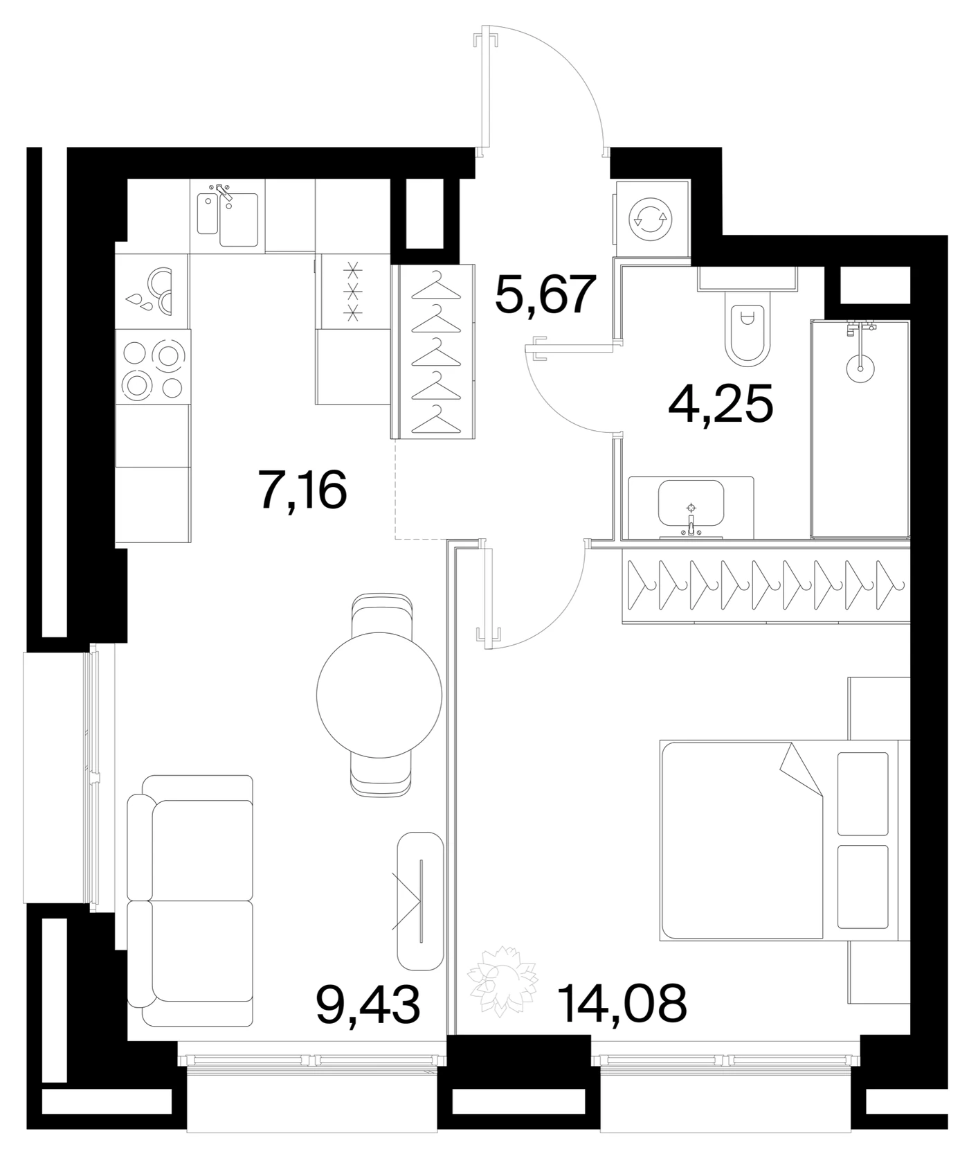 Планировка однокомнатной квартиры 40,59 м² в ЖК 26 Парквью (26 Parkview)