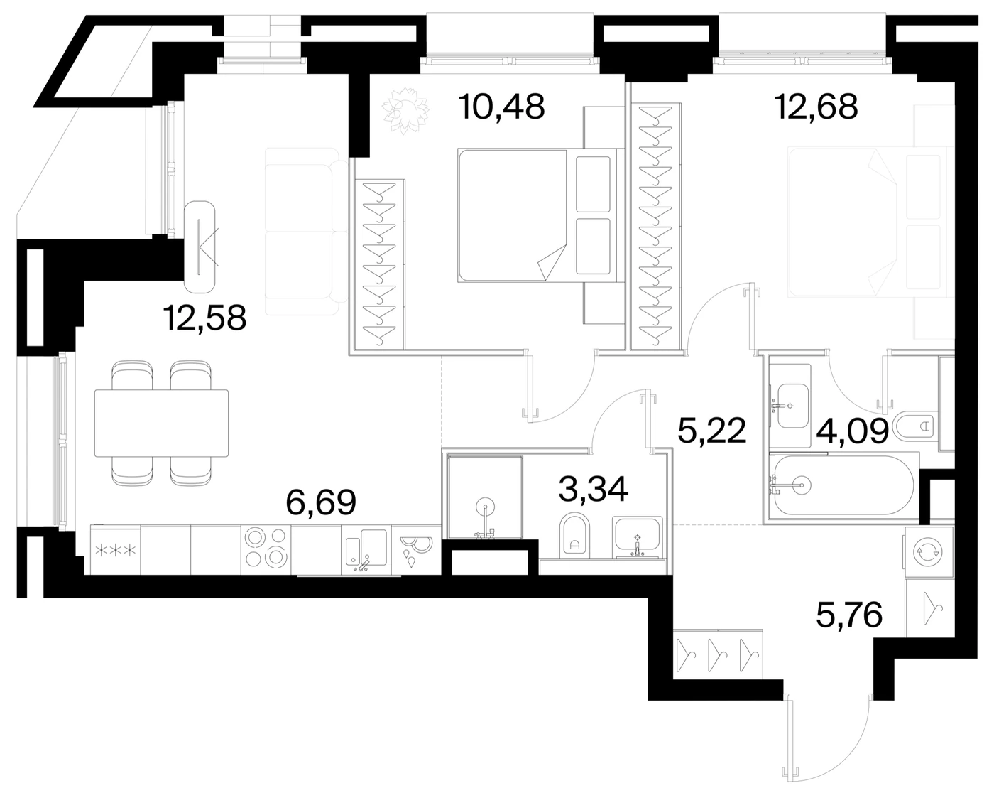 Планировка двухкомнатной квартиры 60,84 м² в ЖК 26 Парквью (26 Parkview)