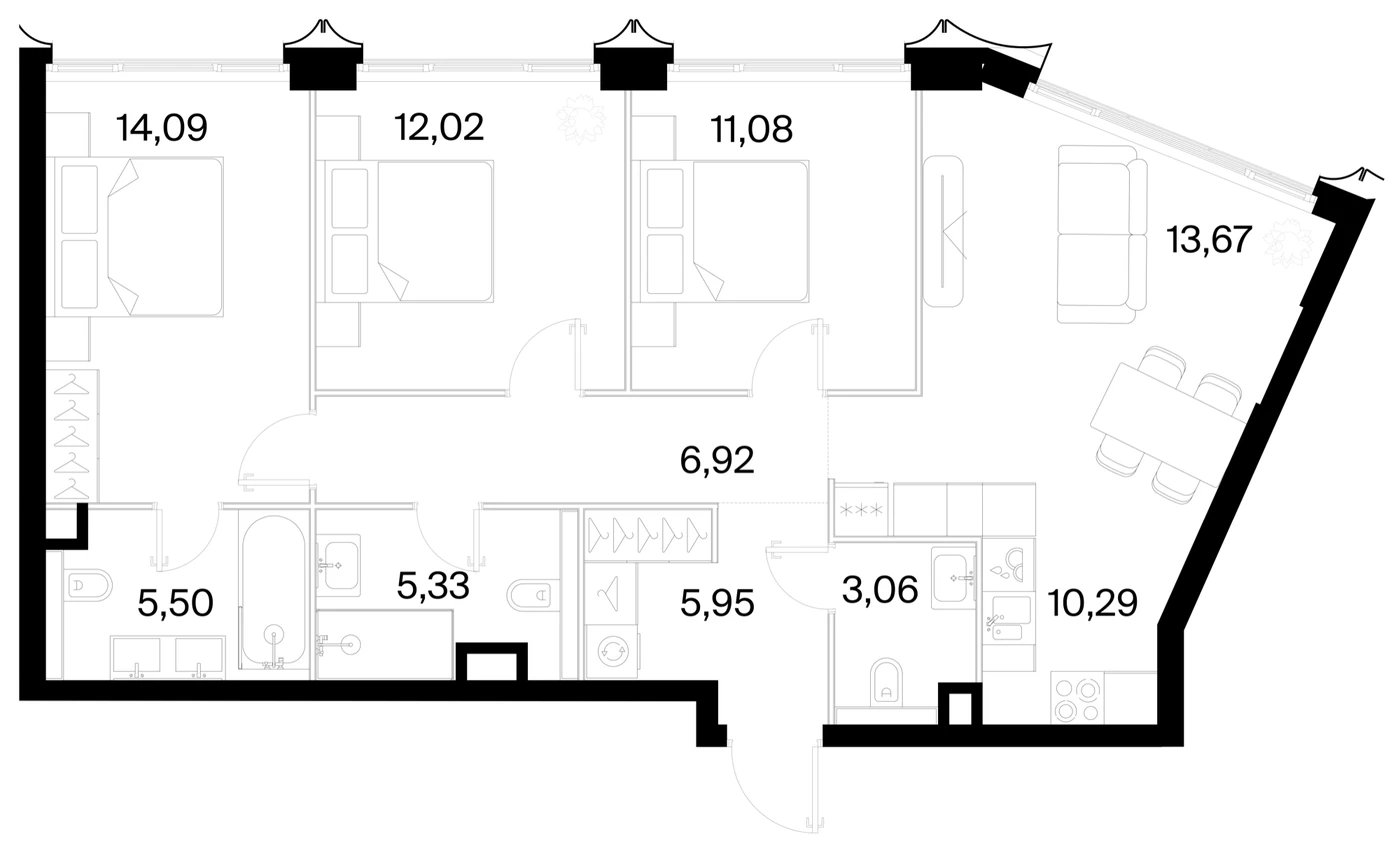 Планировка трёхкомнатной квартиры 87,91 м² в ЖК 26 Парквью (26 Parkview)