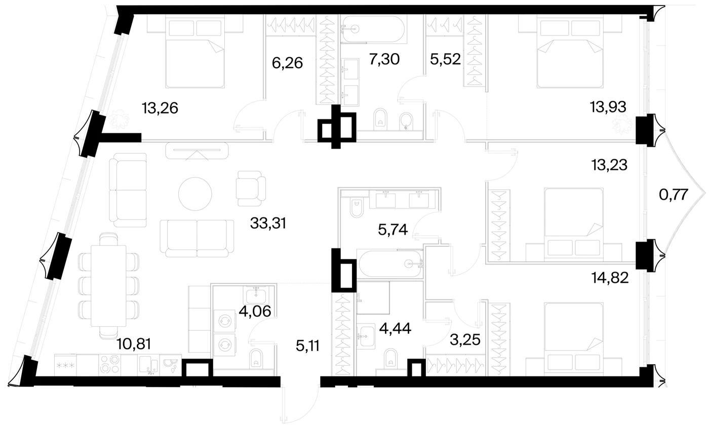 Планировка четырёхкомнатной квартиры 141,81 м² в ЖК 26 Парквью (26 Parkview)